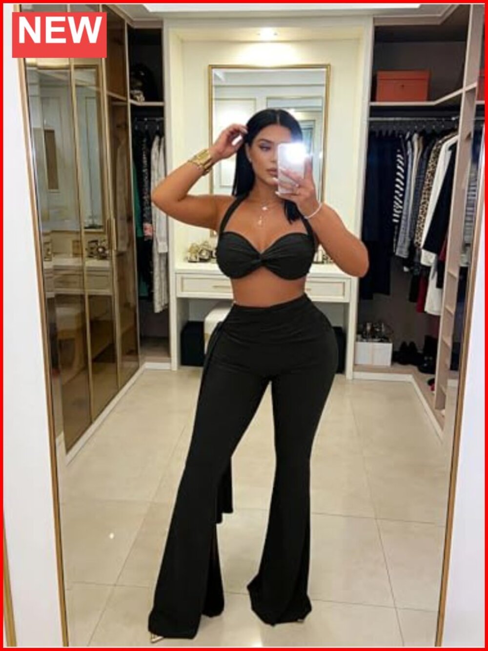 Halter Bandage Crop Top and High Waist Flare Pants Set Club Party Outfits - Picture 3 of 6